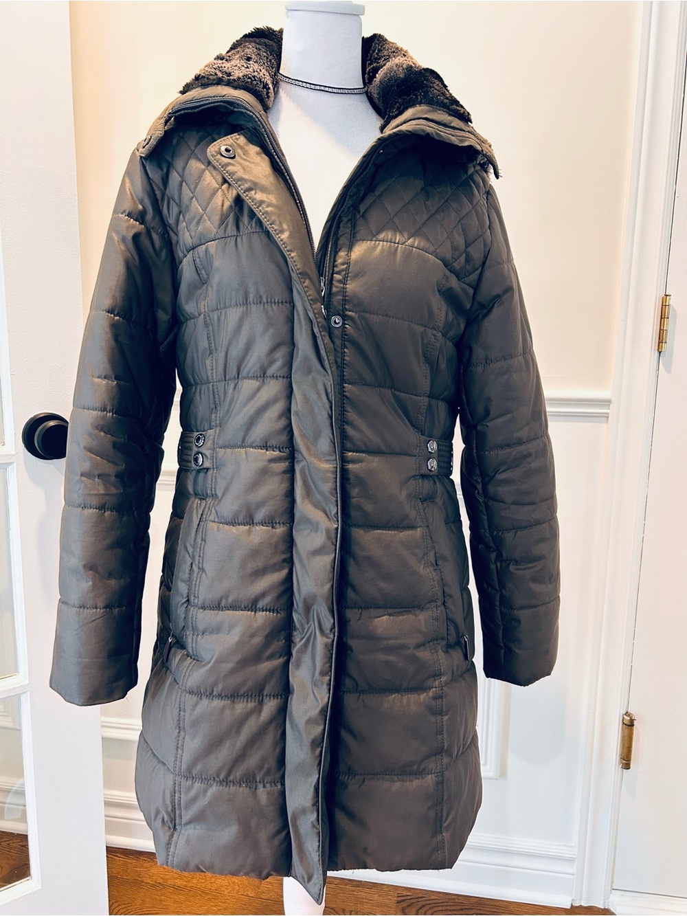 Fennelli Puffer Coat with Faux-Fur Trim in Brown Long Quilted